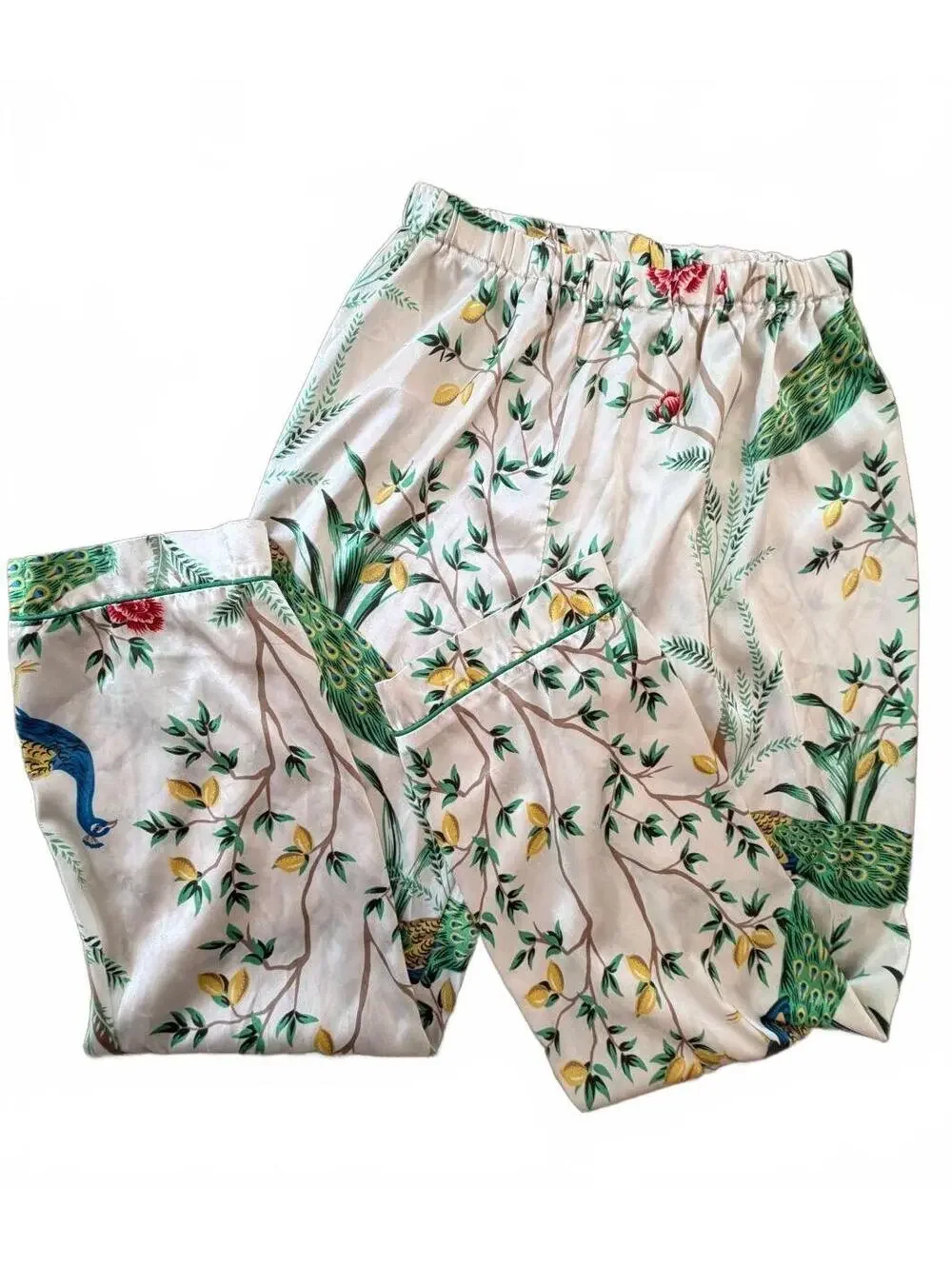 Two Piece Pajama Set Peacock Floral Lemon Print Satin Feel Elevated Sleepwear M